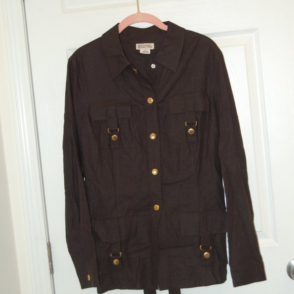 Michael Kors Women's Brown Linen/Rayon Safari Style Jacket W/Belt Size 14 - Picture 4 of 11